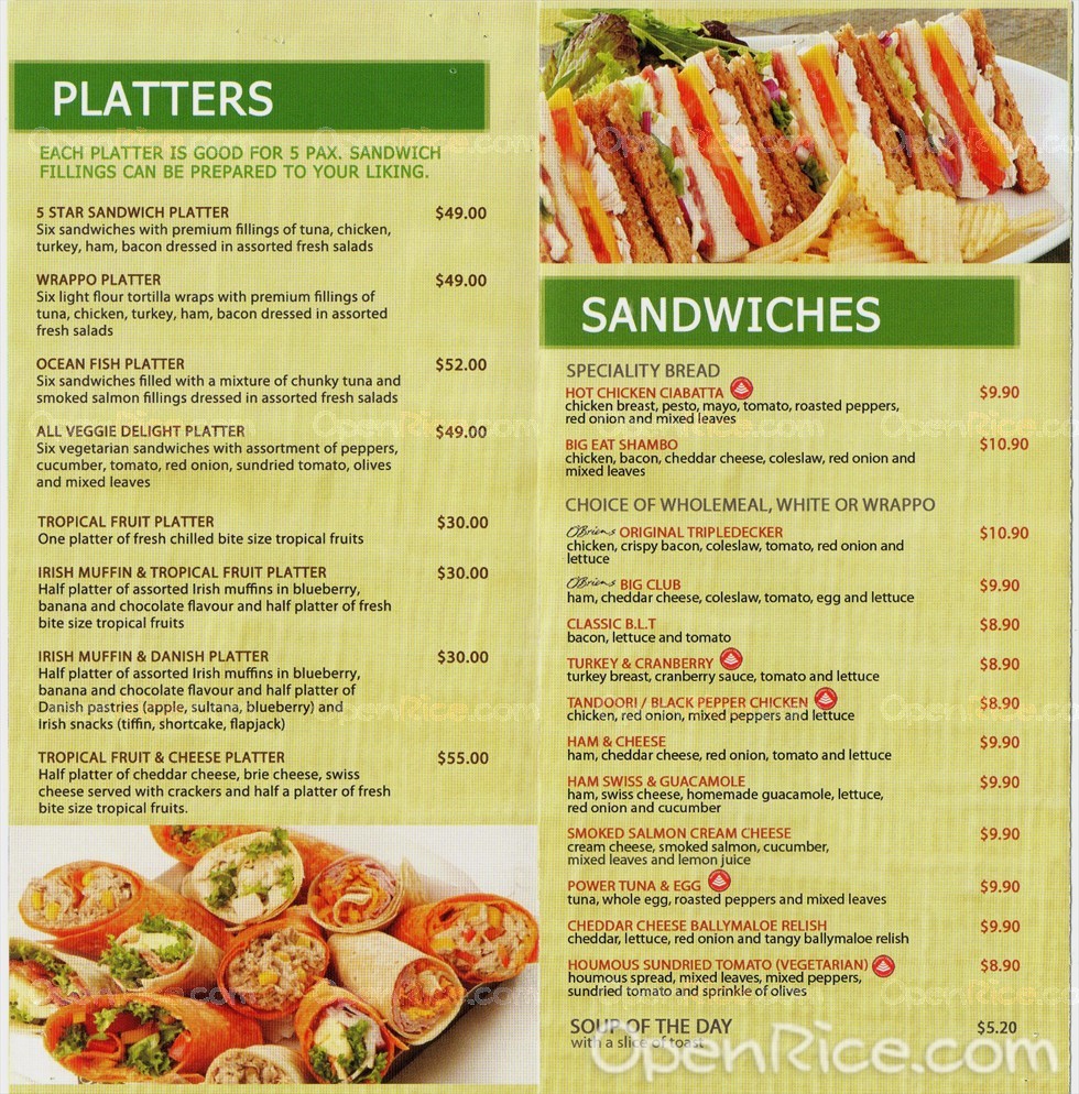 O Briens Irish Sandwich Bar Menu Irish Burgers And Sandwiches Bakery Brunch In Tanjong Pagar Landmark Singapore Openrice Singapore