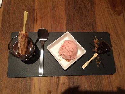 Churros con Chocolate, Home made Strawberry Ice Cream And Chocolatta.